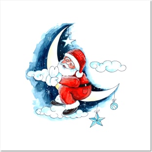 Santa Claus Moon Watercolor Posters and Art